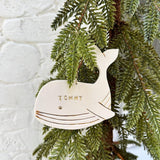 Personalized blue whale porcelain ornament with 22k gold luster