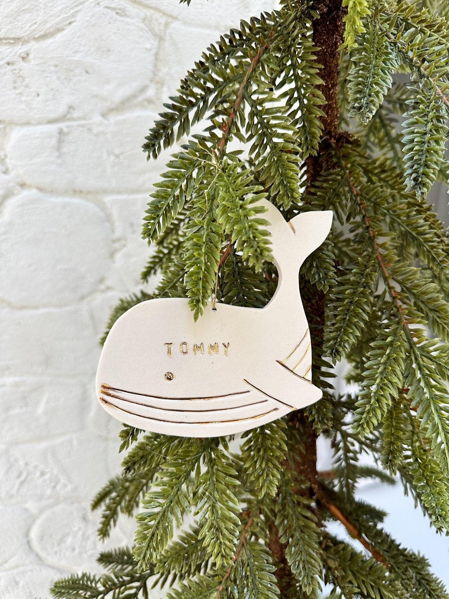Personalized blue whale porcelain ornament with 22k gold luster