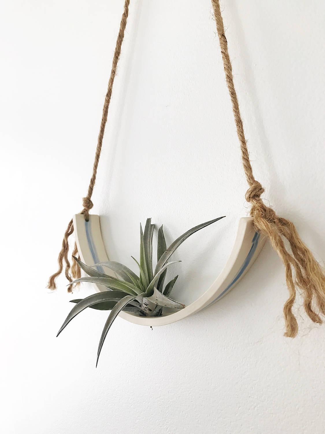 Handmade porcelain half-moon wall planter with watercolor glaze stripe holding an air plant by Muddy Heart