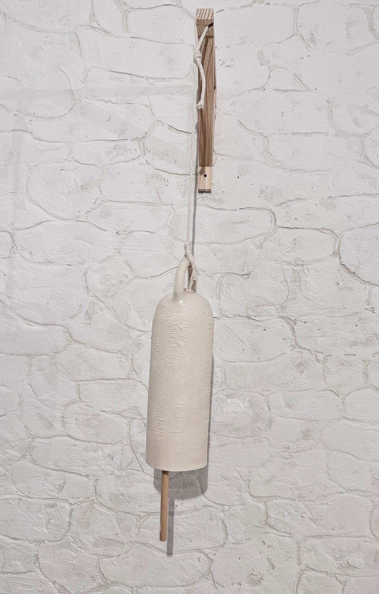Handmade long ceramic bell with wooden ringer, medium size