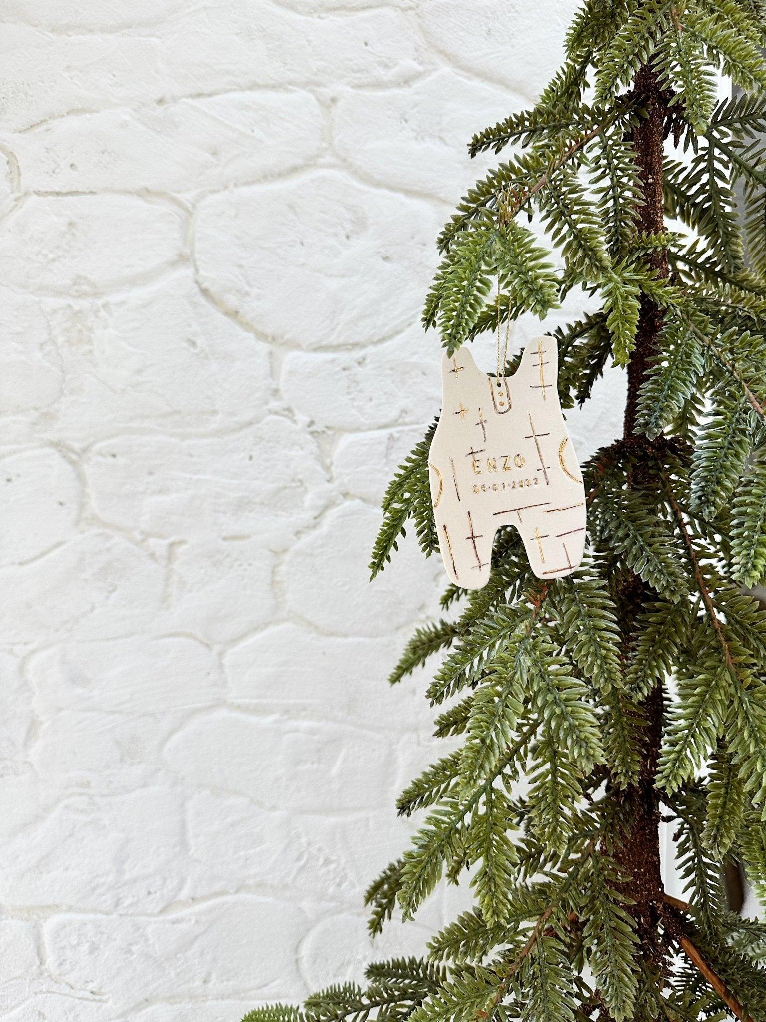 Personalized overalls porcelain ornament with 22k gold luster