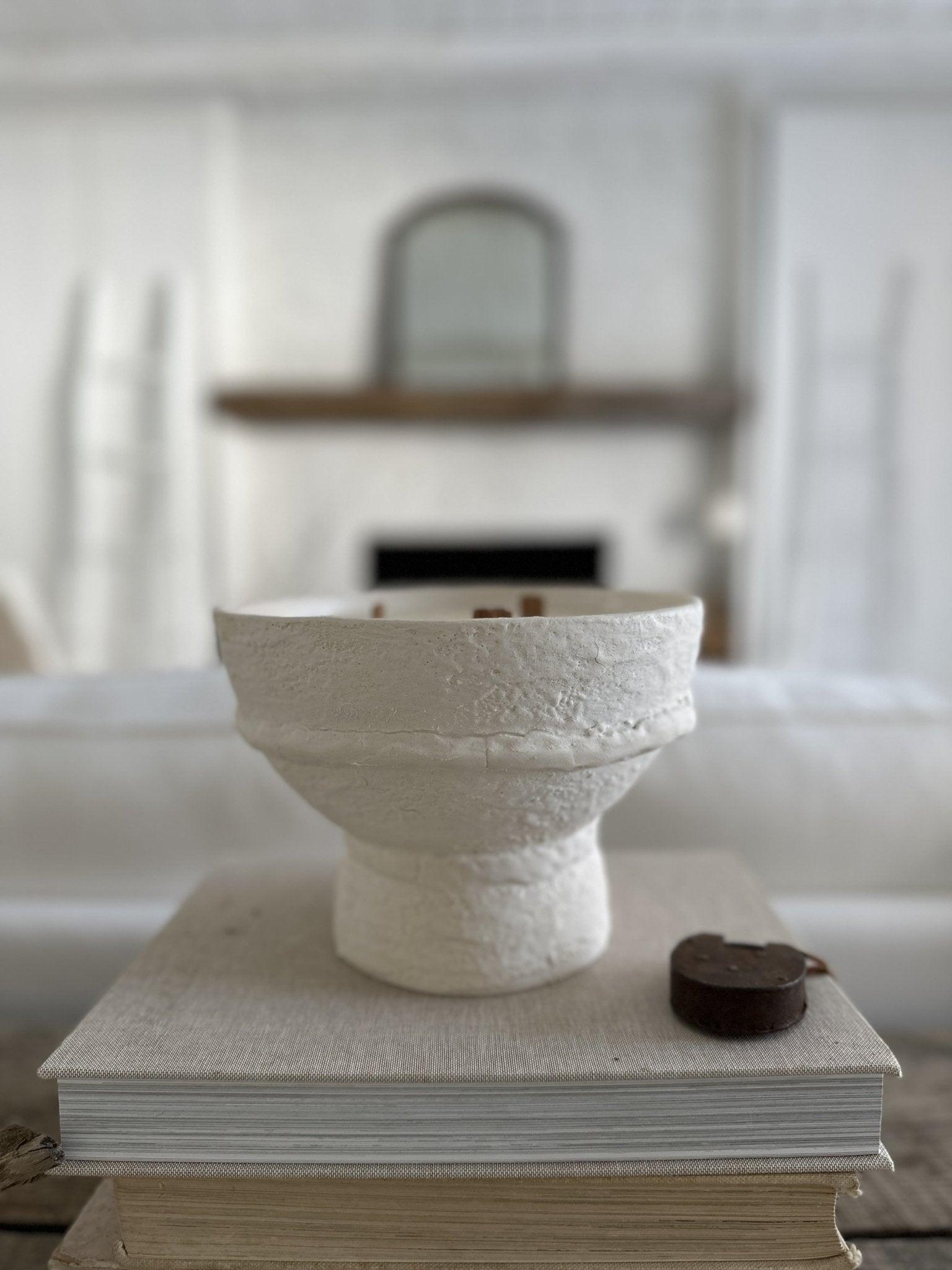 Handmade ceramic pedestal bowl soy candle with a wood wick, reusable after burning