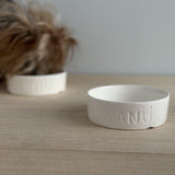 Custom ceramic dog bowl in a neutral glaze with a glossy white interior
