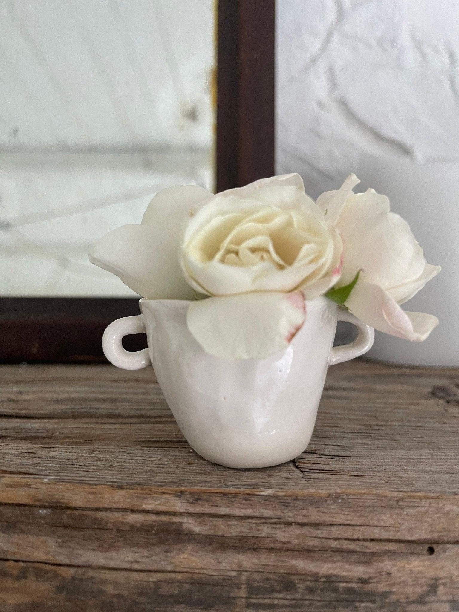 Petite handmade ceramic bud vase with small handles by Muddy Heart
