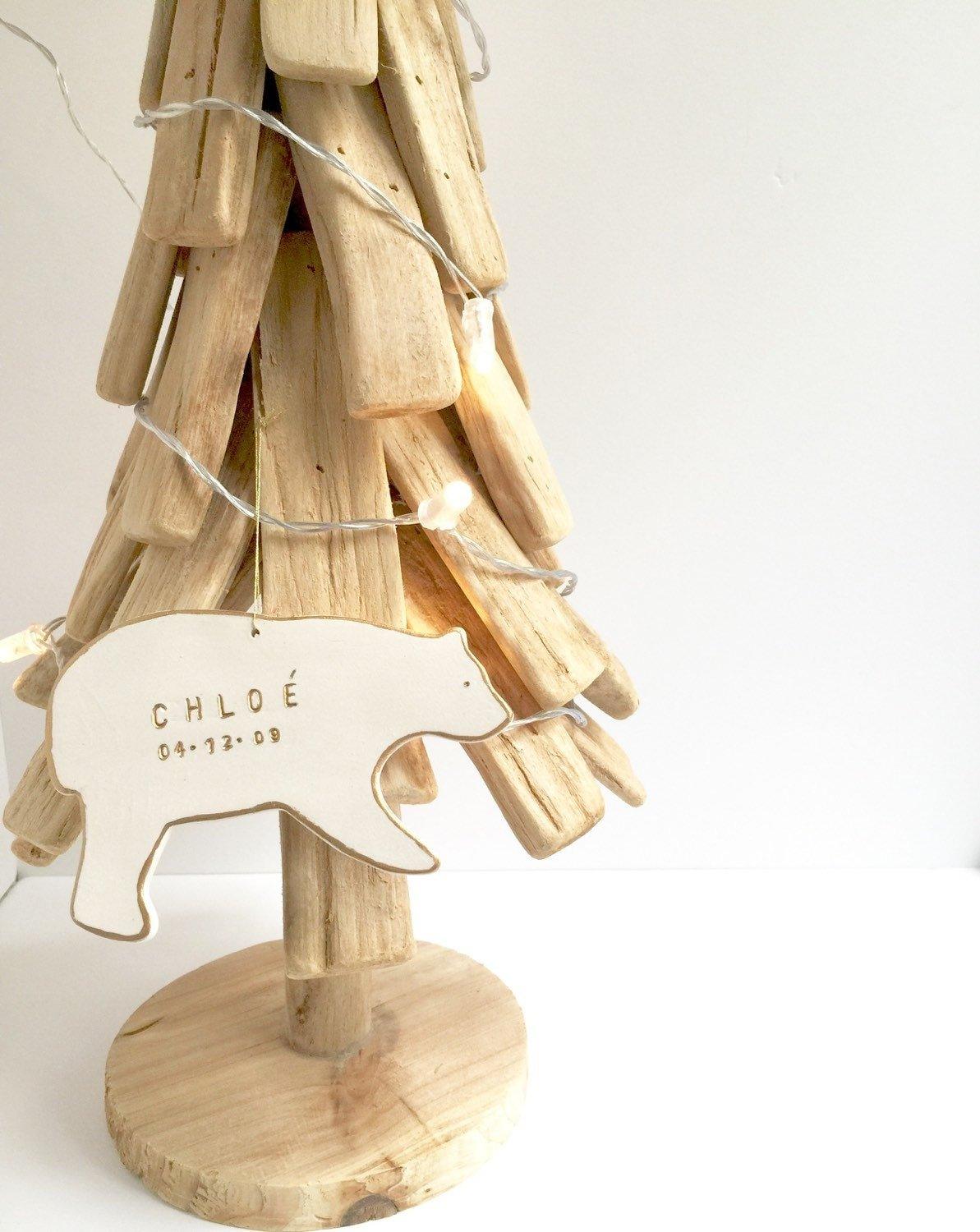 Personalized porcelain polar bear ornament with gold or silver luster