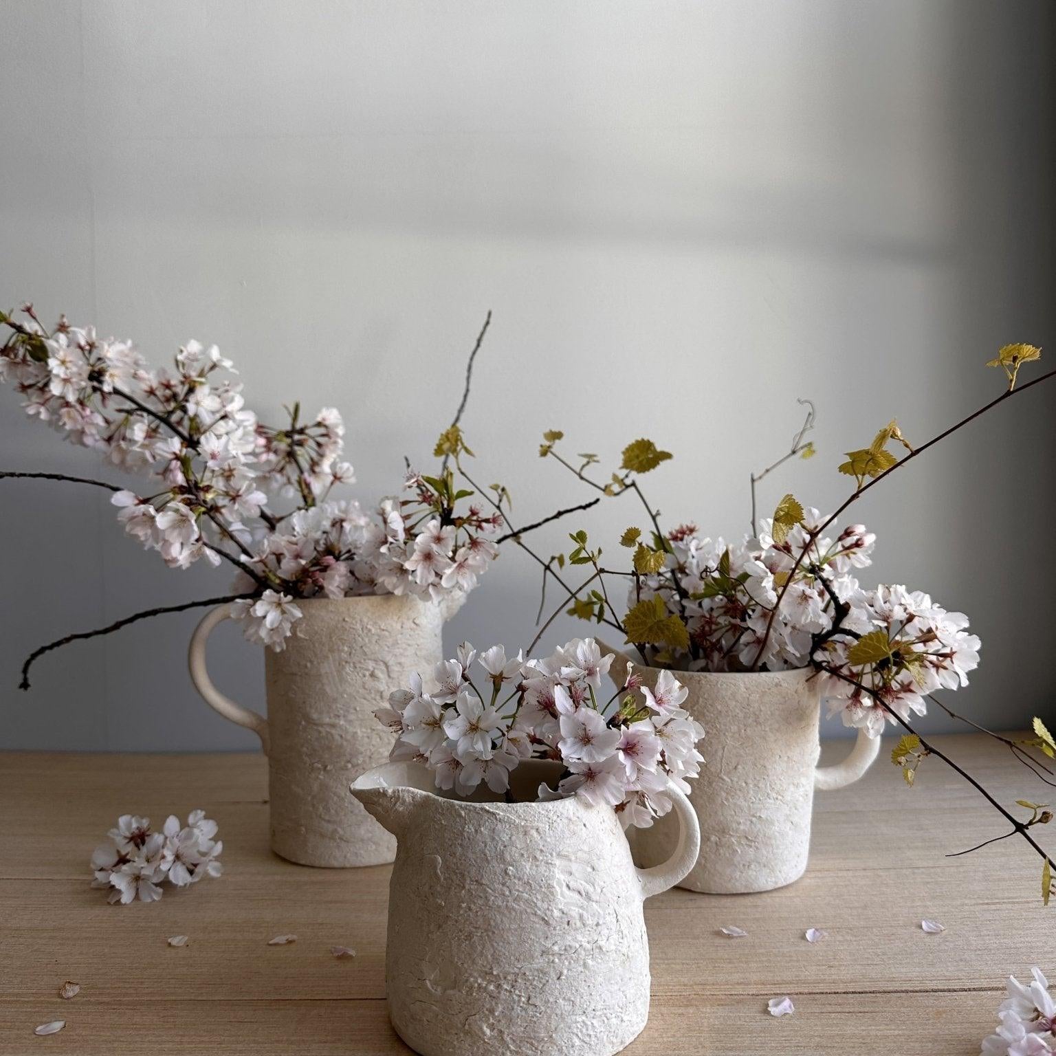 Handmade ceramic pouring vessel with a raw clay exterior, watertight for flowers or storage