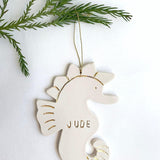 Personalized porcelain seahorse ornament with 22K gold luster by Muddy Heart