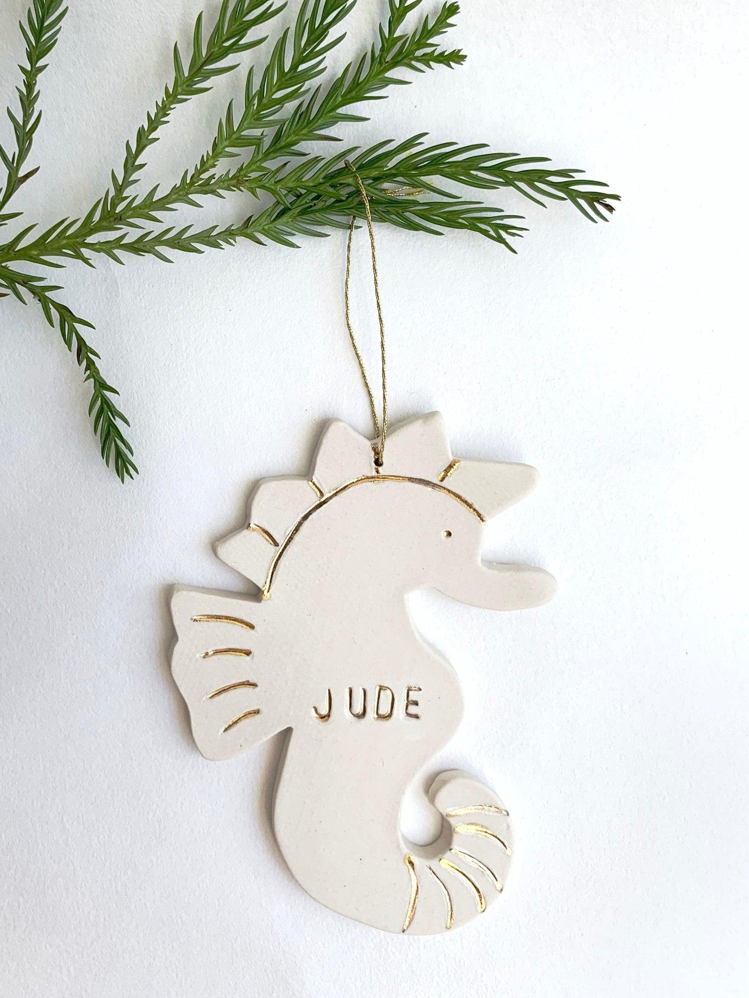 Personalized porcelain seahorse ornament with 22K gold luster by Muddy Heart