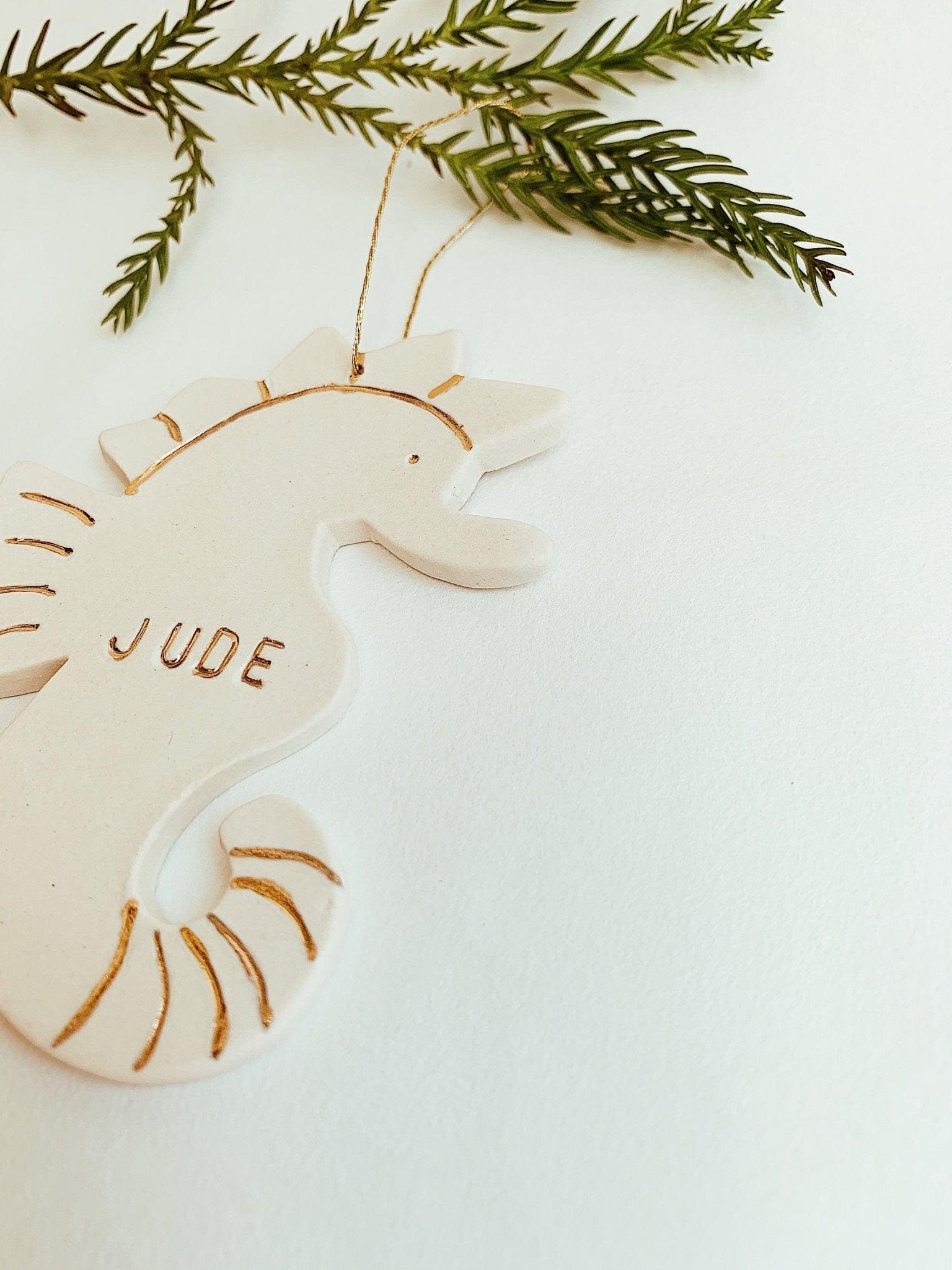 Personalized porcelain seahorse ornament with 22K gold luster by Muddy Heart