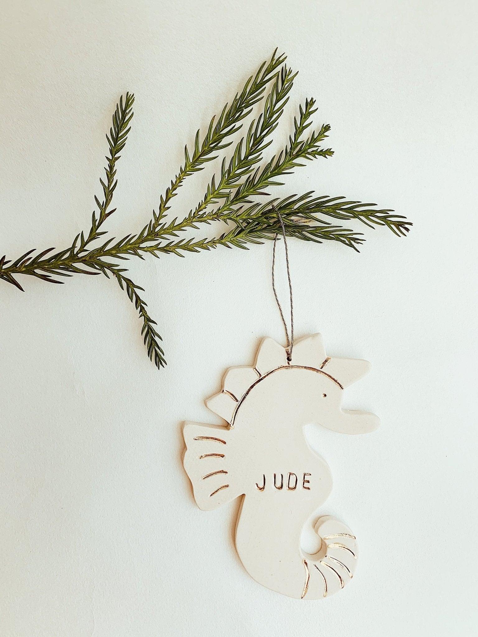 Personalized porcelain seahorse ornament with 22K gold luster by Muddy Heart
