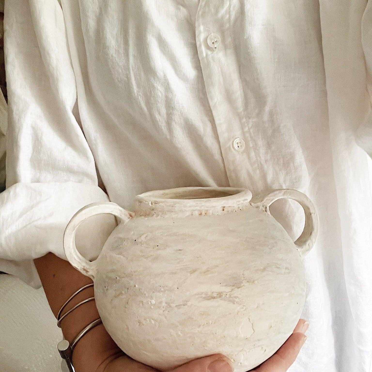 Handmade wide-mouth ceramic olive jar vessel with raw clay exterior by Muddy Heart