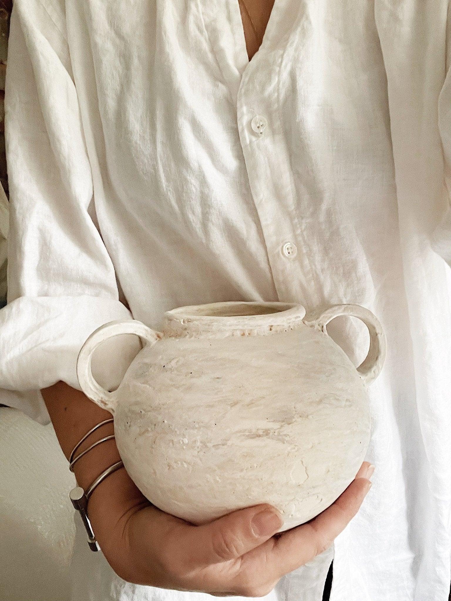 Handmade wide-mouth ceramic olive jar vessel with raw clay exterior by Muddy Heart