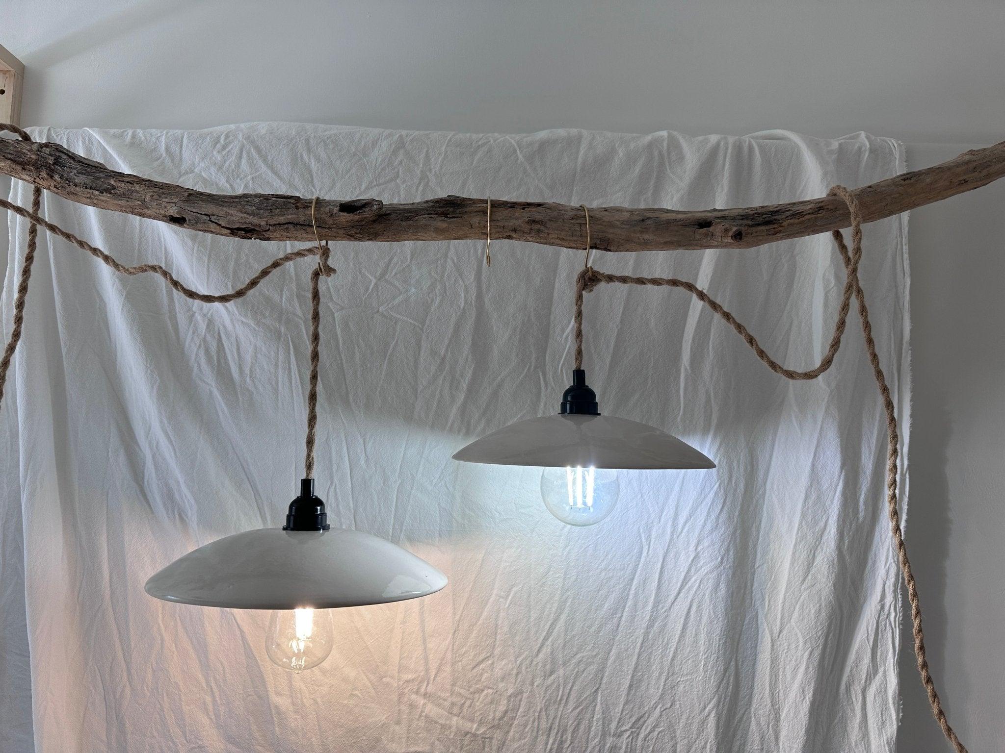 Handmade wide ceramic pendant lamp in a neutral glaze, plug-in style